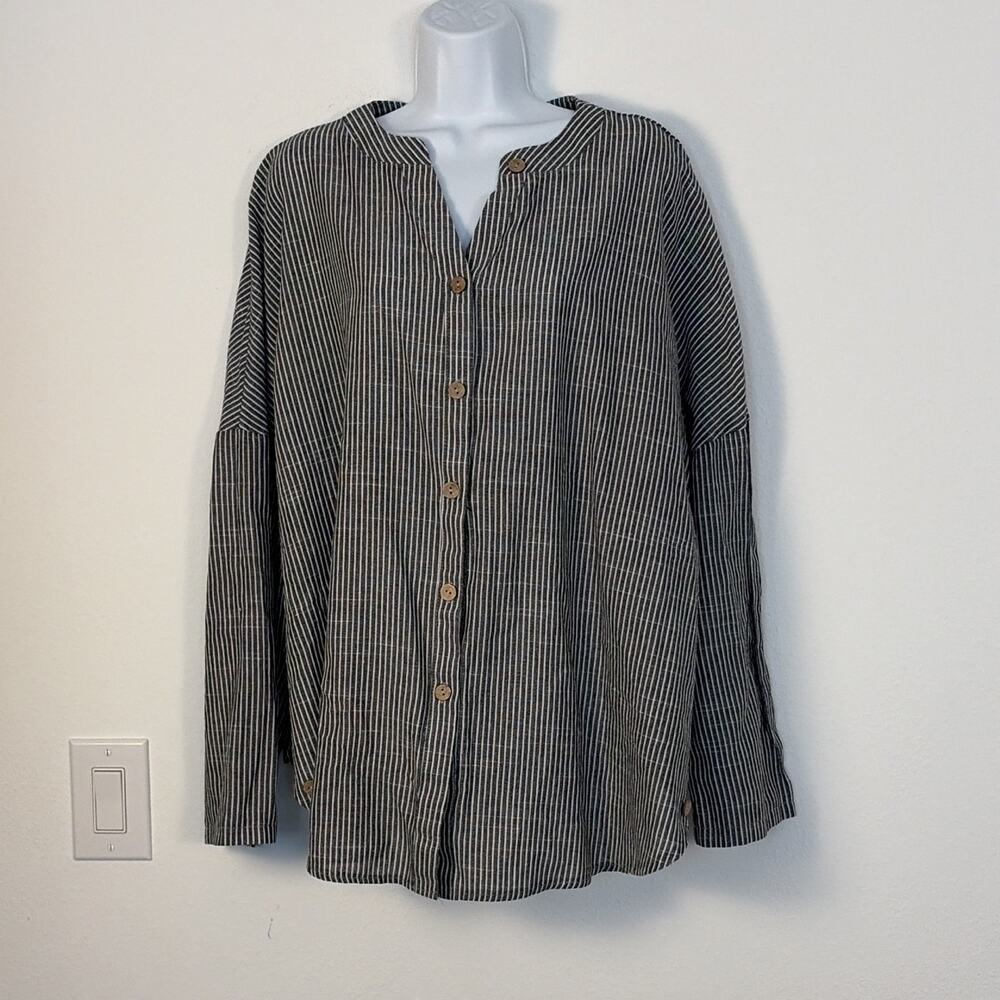 Women’s Gray White Striped Band Collar Long Sleeve Button Blouse Plus 3XL